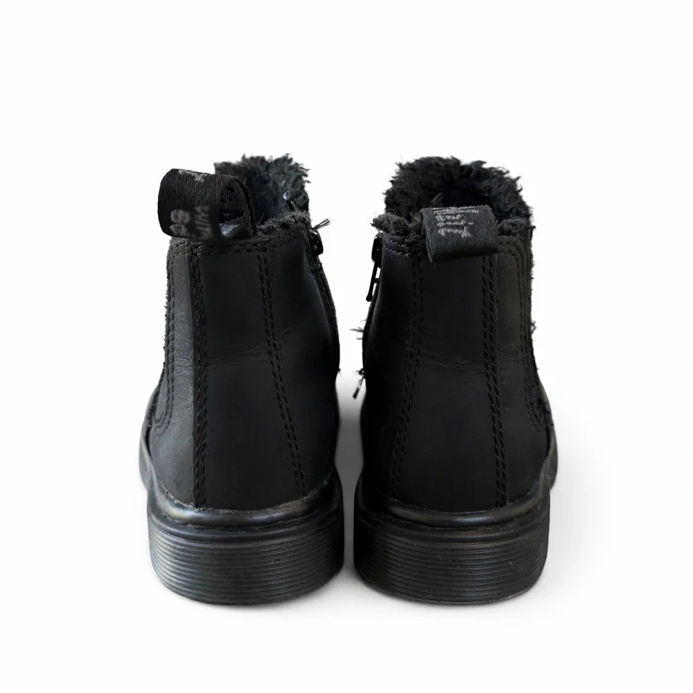 Dr. Martens Leonore Toddler Chelsea Boots Black Fur Lined Leather Kids Size 10